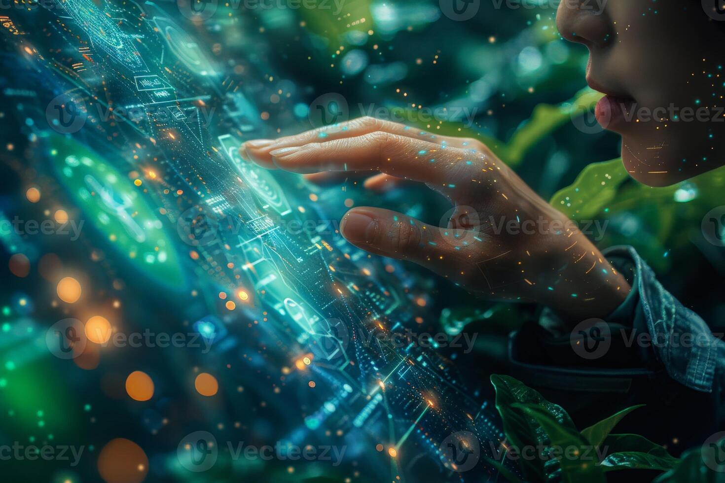 A person is touching a futuristic screen with their finger in a natural setting photo