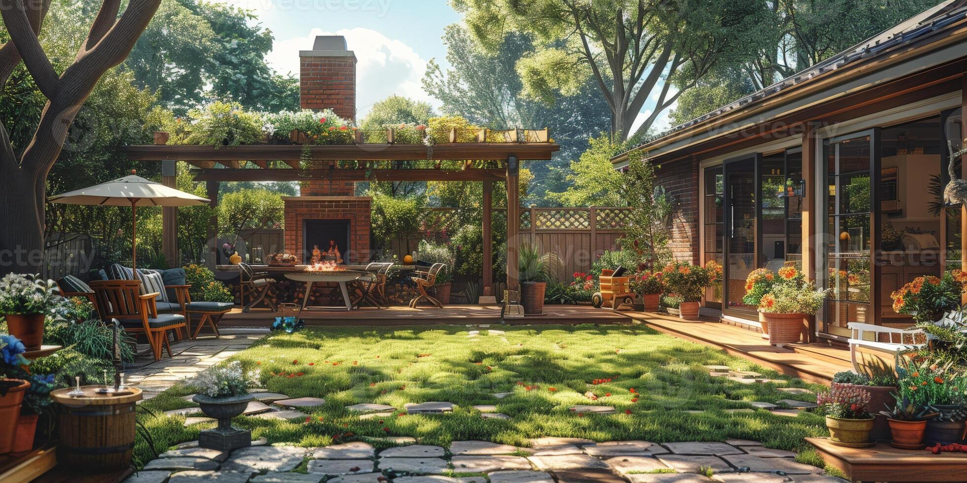 In a houses backyard, theres a fireplace surrounded by grass and trees photo