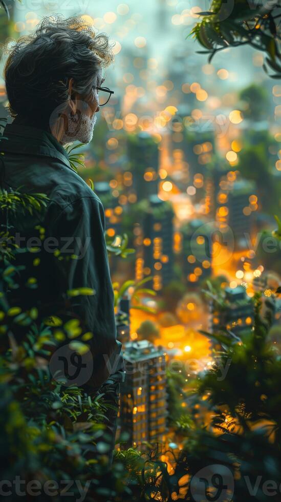 A man in the woods looking at a city at night, with a calm face photo