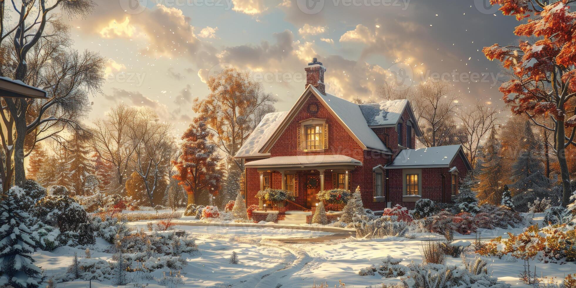 In a snowy forest, a log cabin is covered in snow under a wintry sky photo