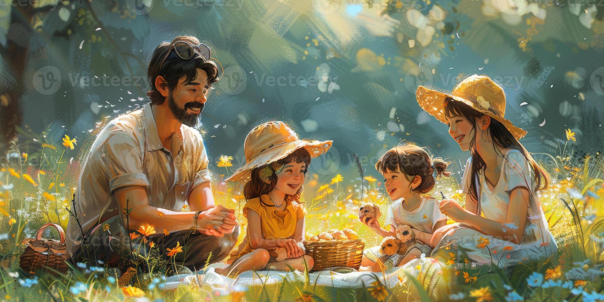 A family is enjoying a picnic in a beautiful field of flowers on a sunny day photo
