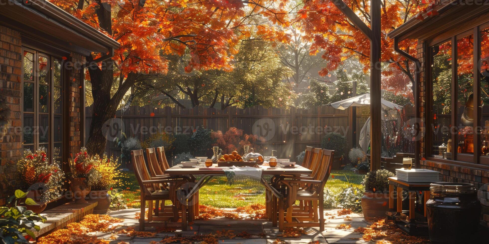 Table and chairs in the yard are covered with leaves, blending with nature photo