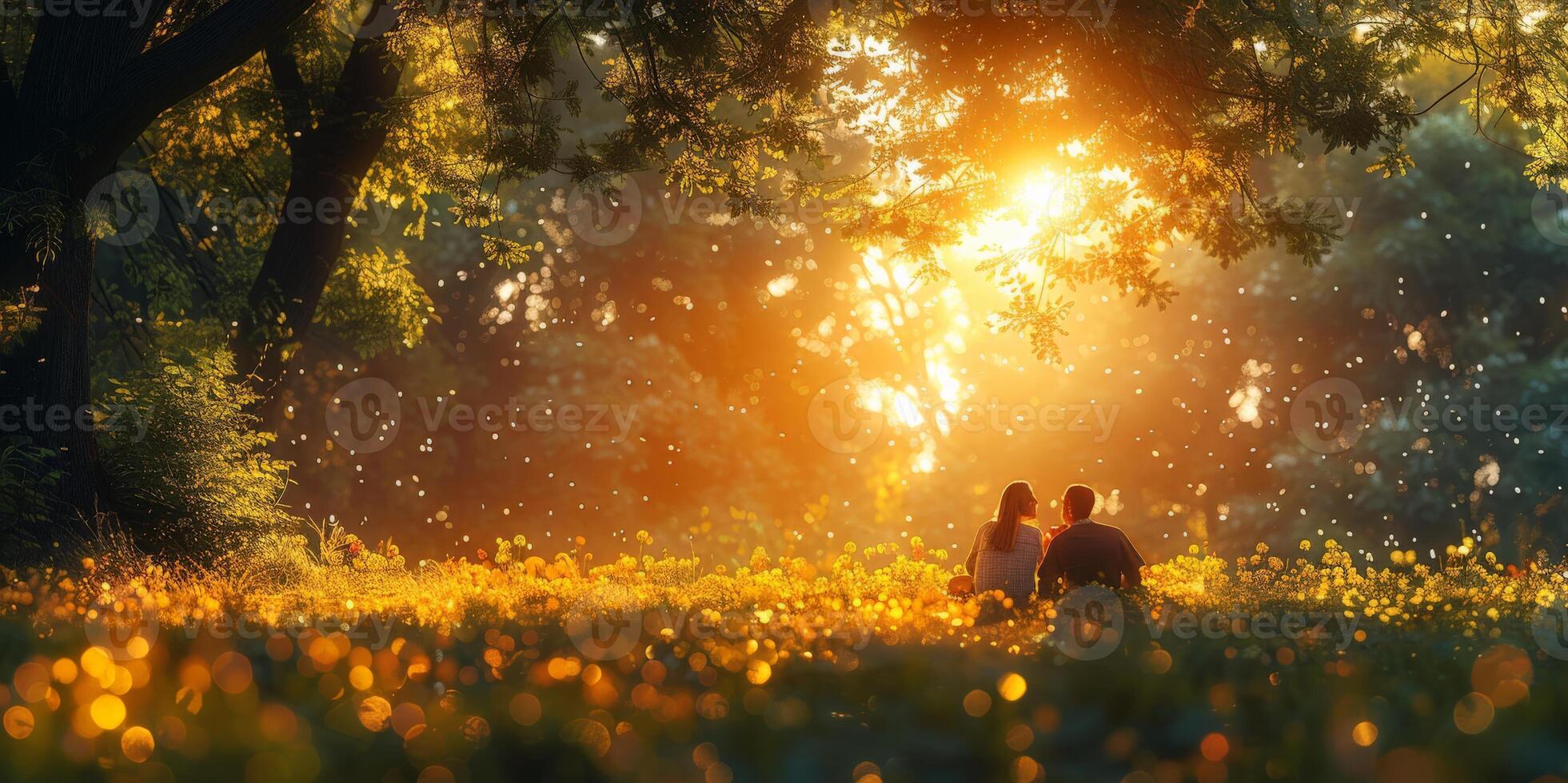 A man and a woman sit under a tree in a field of flowers at sunset photo