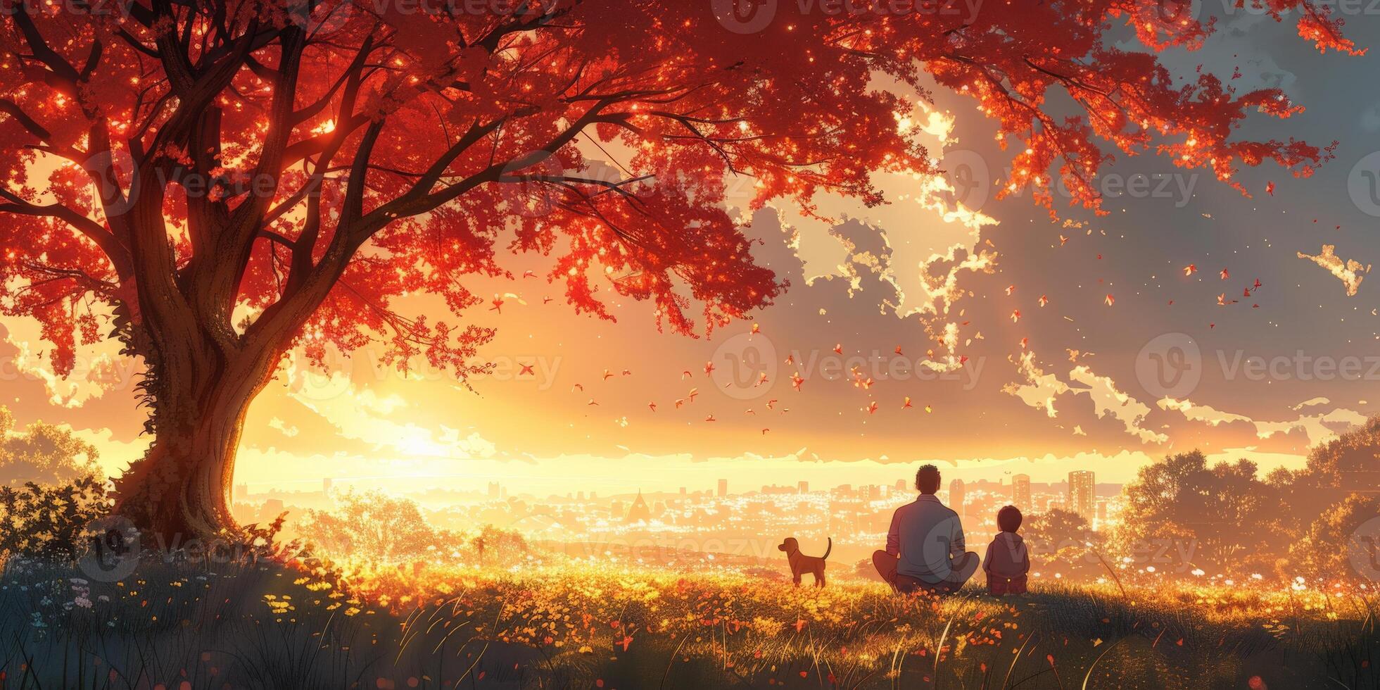 Man and two kids sit under a tree with a dog, enjoying nature photo