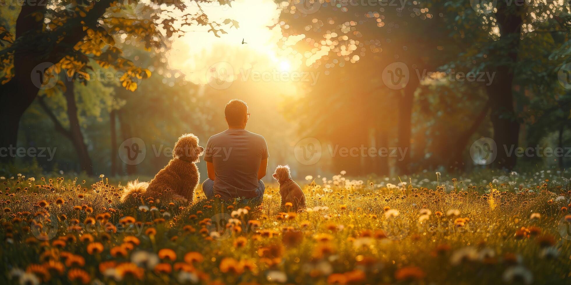 As the sun sets, one man is accompanied by two dogs in a field photo