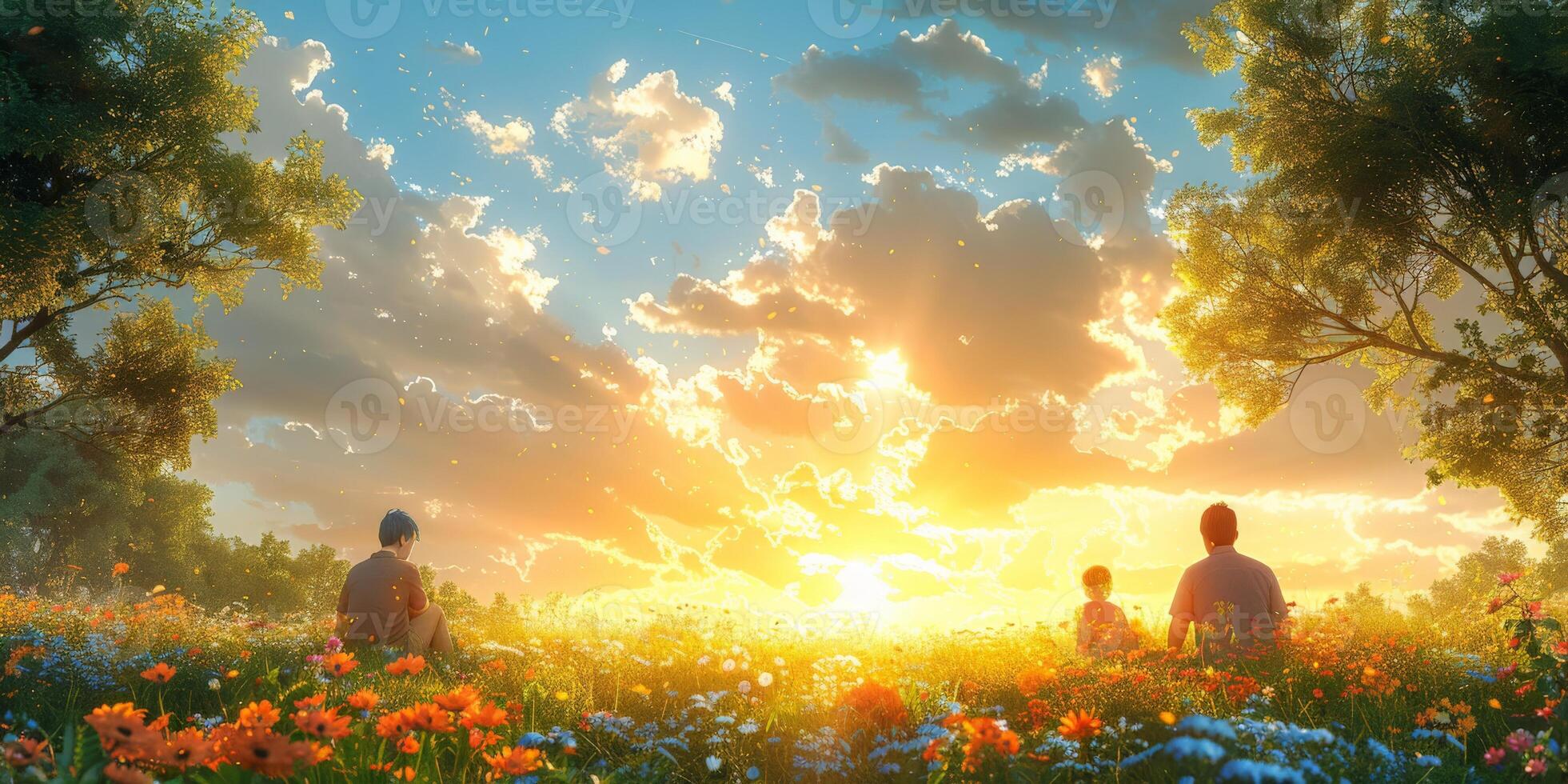 The family is happily seated amidst a colorful array of flowers as the sun sets photo