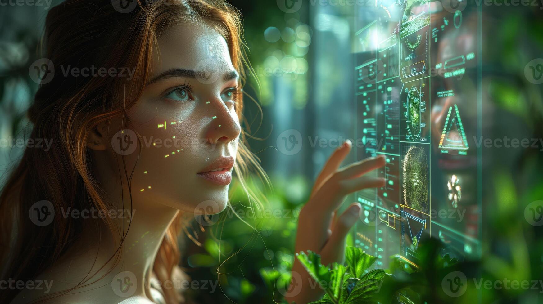 A woman is admiring a hightech display in a forest setting photo
