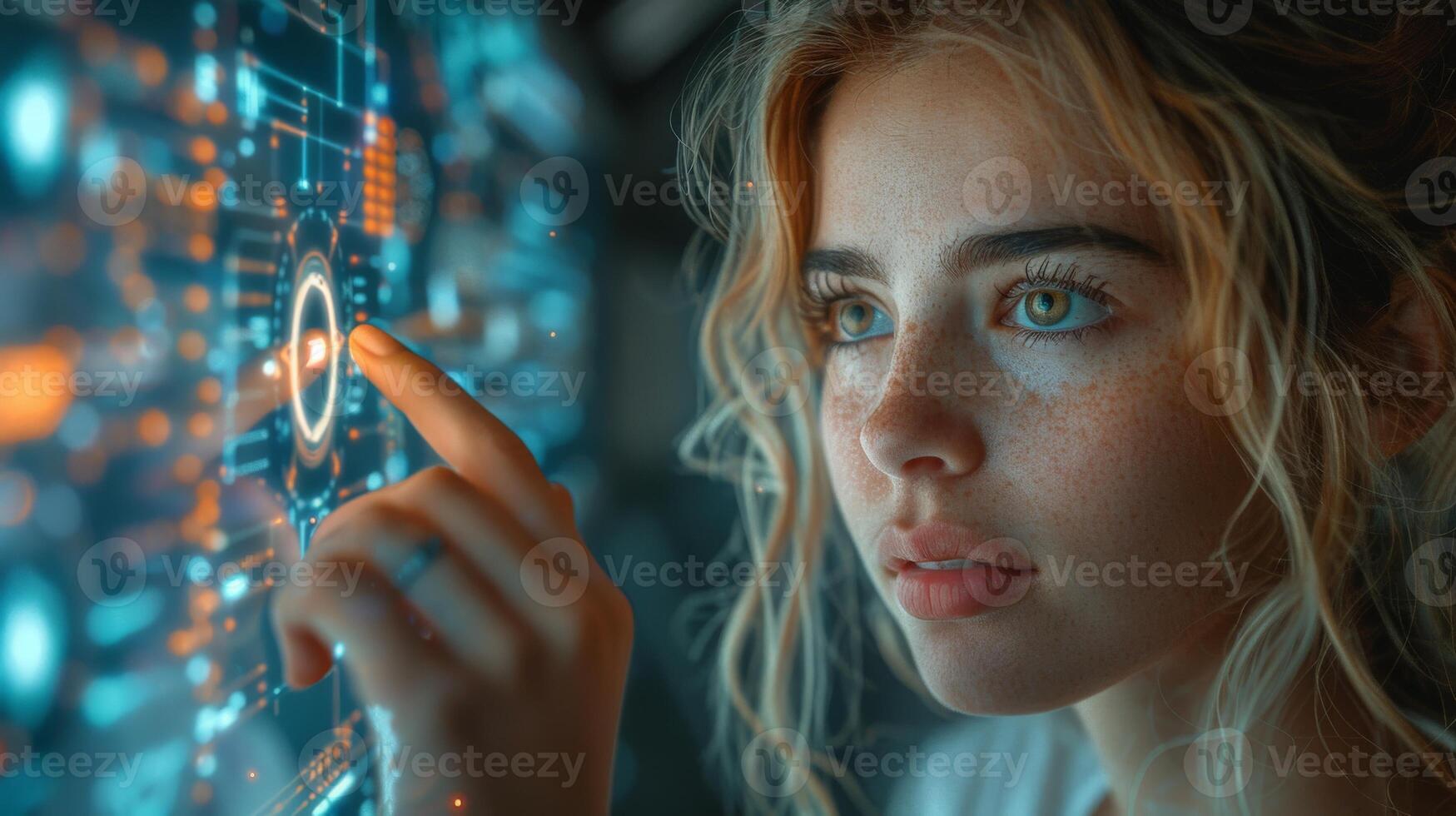 In the image, a woman is pushing a button on a modernlooking display screen photo