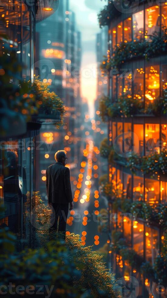 At night, a man is standing on a balcony, looking at a city photo