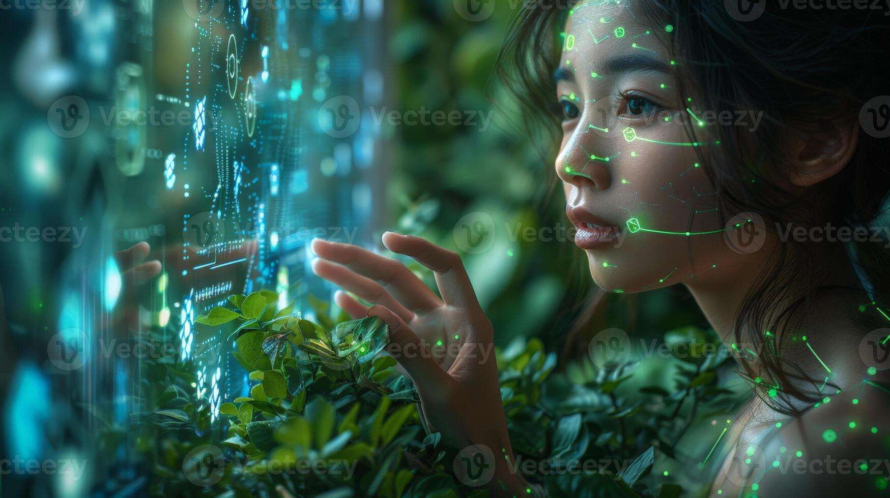 The woman is gazing at a digital display showing numerical data photo