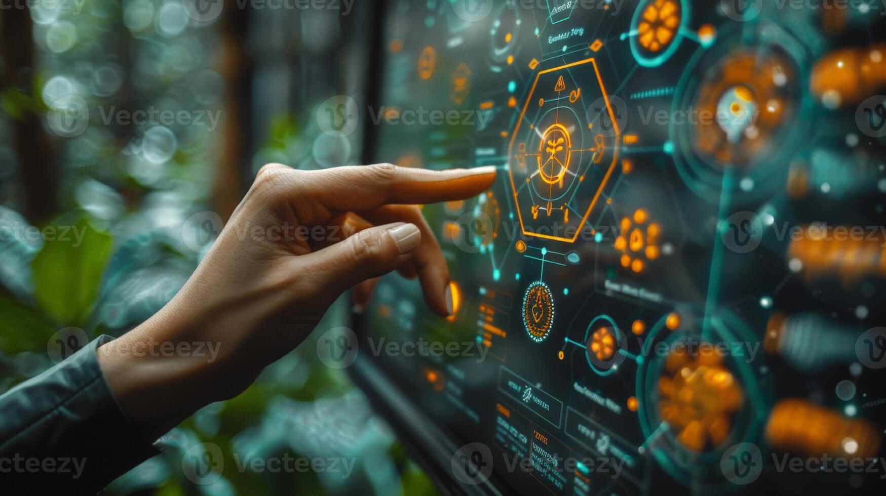 A human hand gestures towards a modern display screen photo