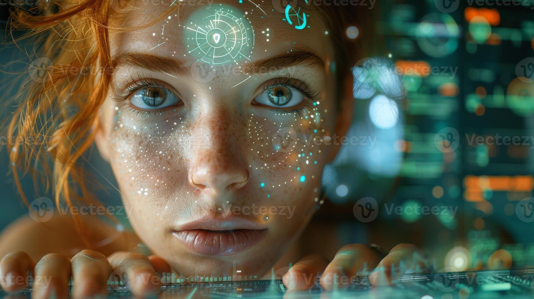 A detailed view of a woman s facial features with numbers displayed on her face photo