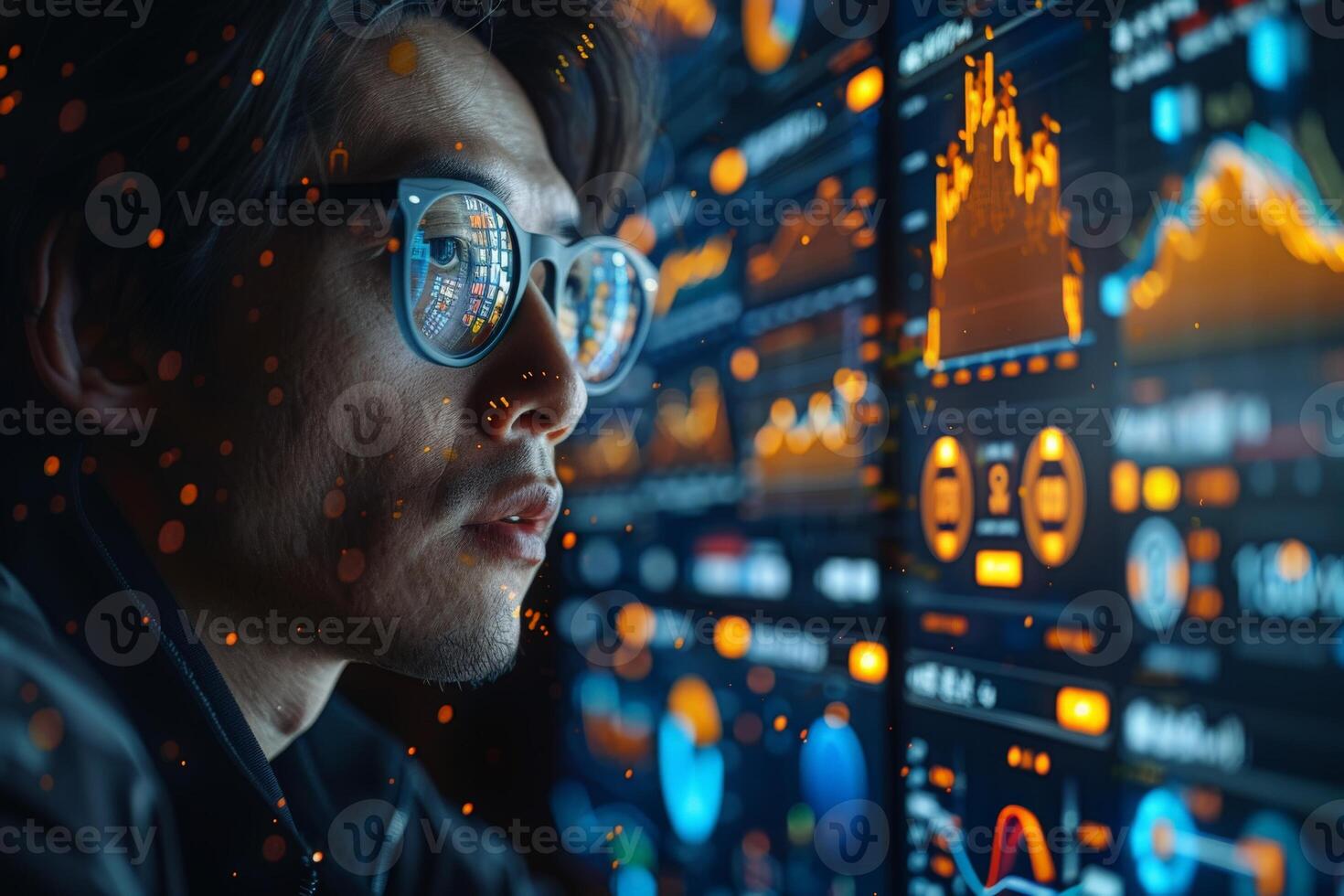 A man with glasses is peering at a computer monitor photo