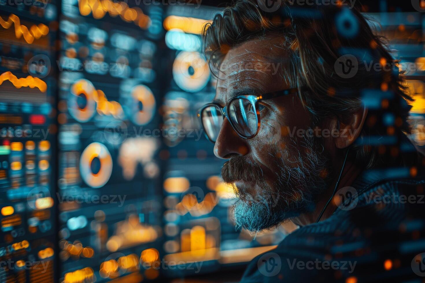 Man with glasses looks at a computer screen, in urban tech environment photo