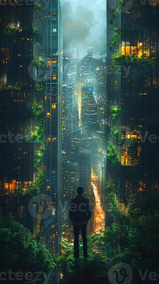 Man stands in city heart at night, amid buildings and plants photo