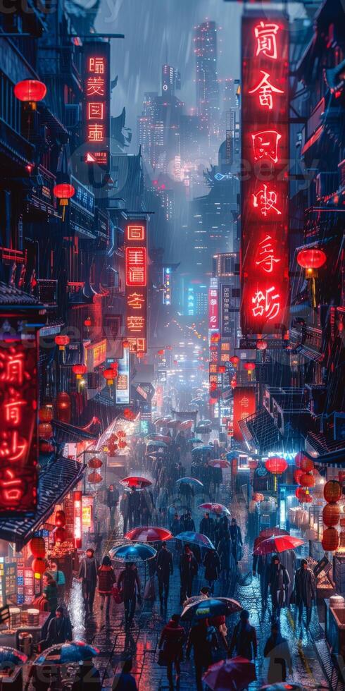 Futuristic city with many people walking in the rain photo