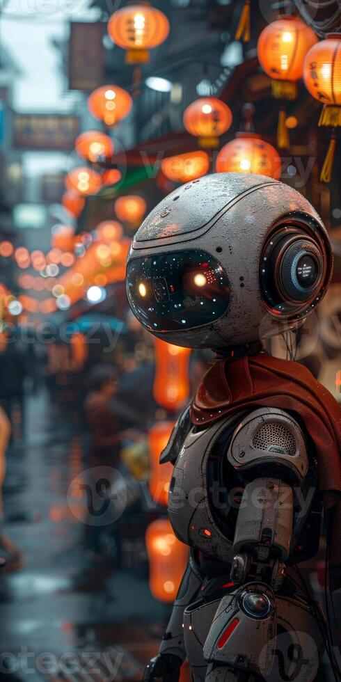A robot in a helmet and scarf walks on a street with lanterns photo