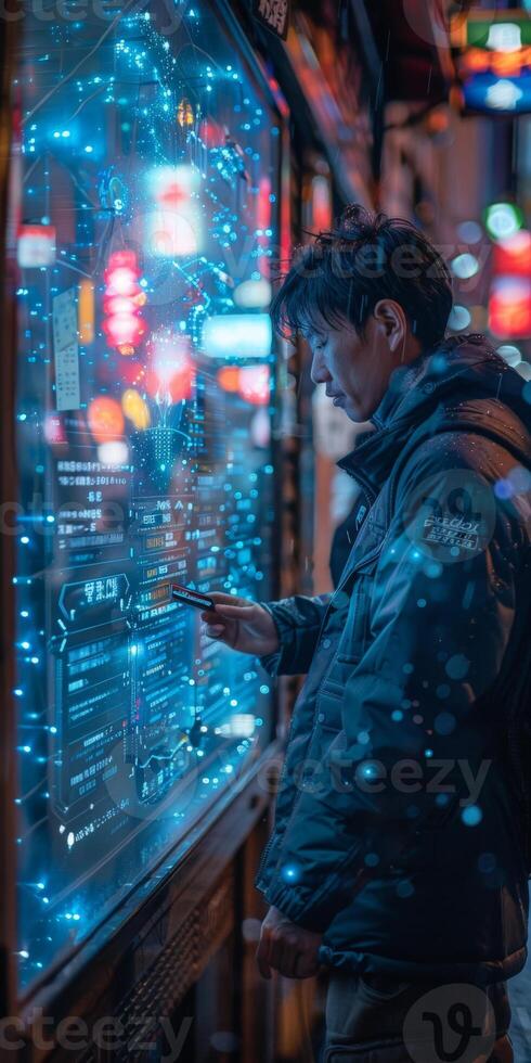 In the dim streets of the city at night, a man interacts with a digital display under neon lights photo