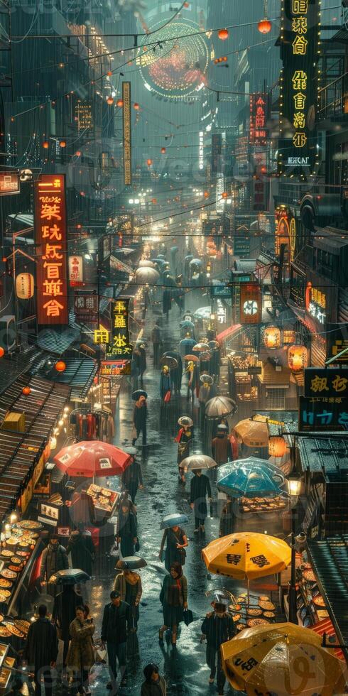 Crowd walking down a busy street in rain with umbrellas photo