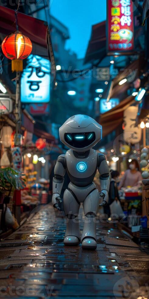 A robot walks on a wet city road in an electric blue scene, displaying art photo