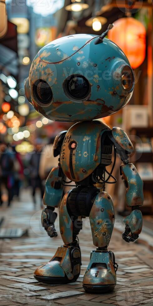 A blue robot is standing on a brick sidewalk in a city, next to a toy store photo