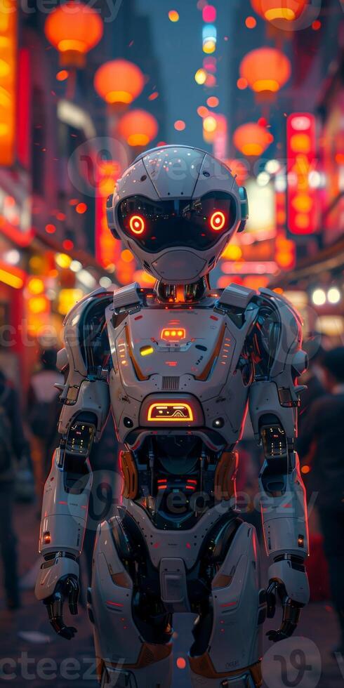 Futuristic robot in city at night surrounded by neon lights creates vibrant dynamic scene photo