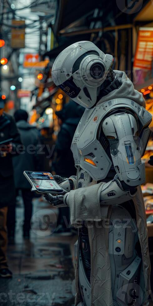 A robot on a street using a cell phone, with a winter cityscape photo