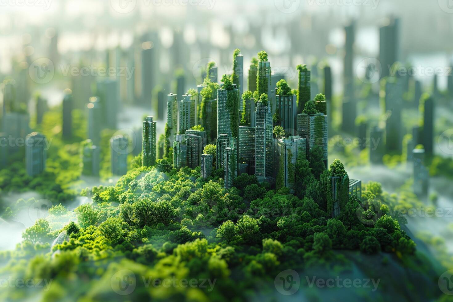 Green city with skyscrapers, technology, sustainable architecture, futuristic urban environment photo