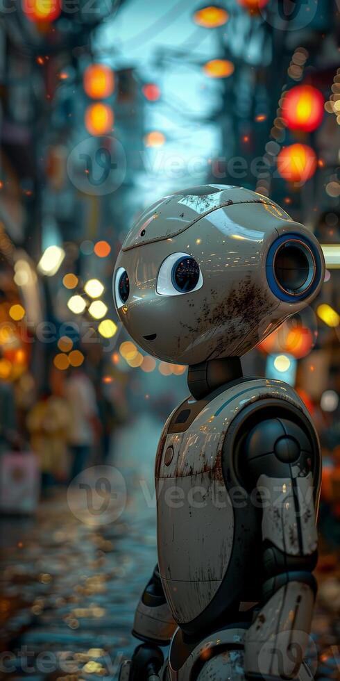 A robot on a cobblestone street among art sculptures and trees photo