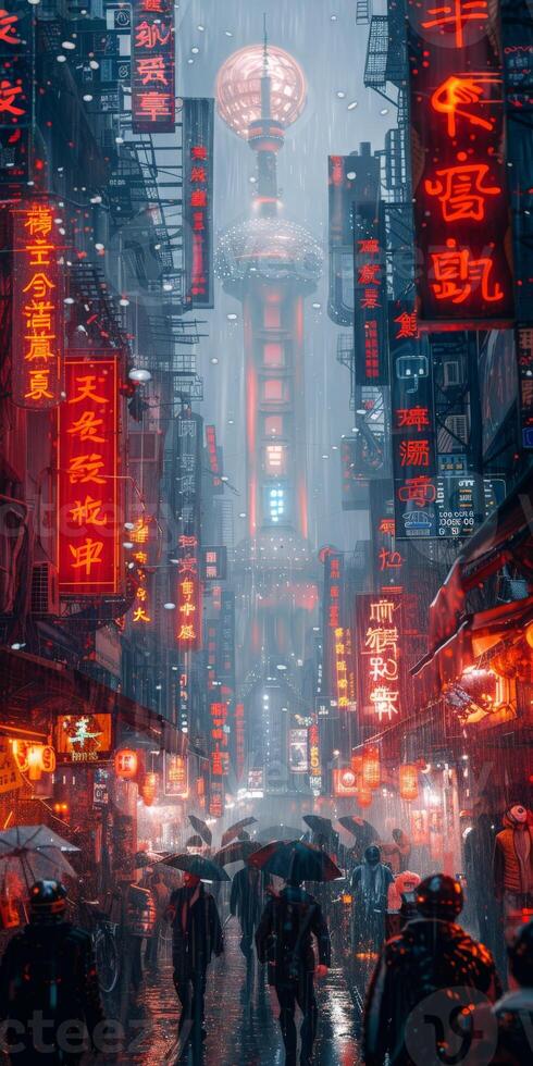 People walking down street in rain, passing red skyscraper in city photo