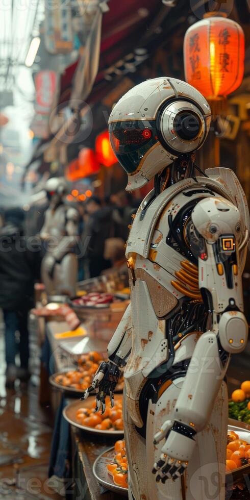 A robot is standing in front of a table with plates of food during an event photo