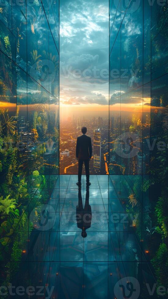 A man in a suit on a balcony overlooking a city at sunset photo