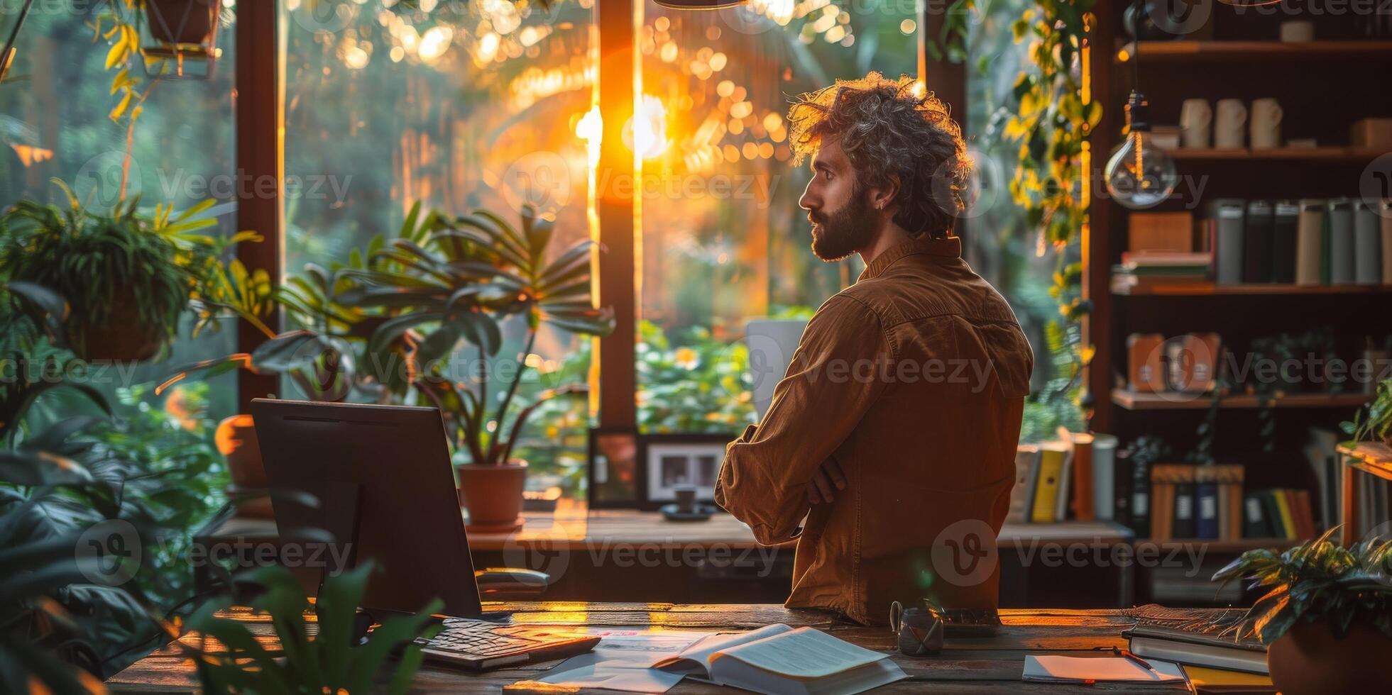 A man is sitting at a desk working on a laptop computer photo