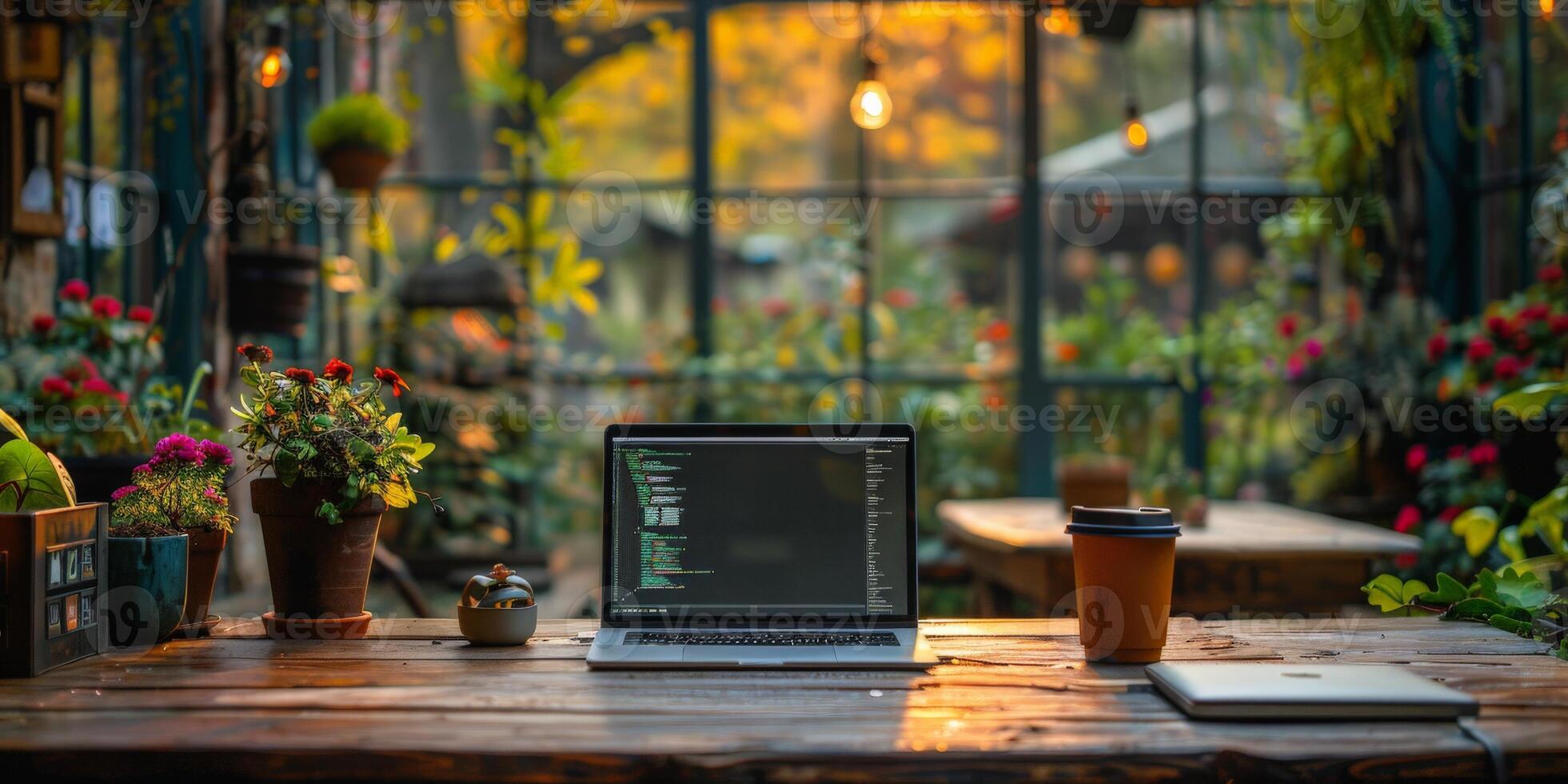 A laptop computer is placed on a table inside a greenhouse photo
