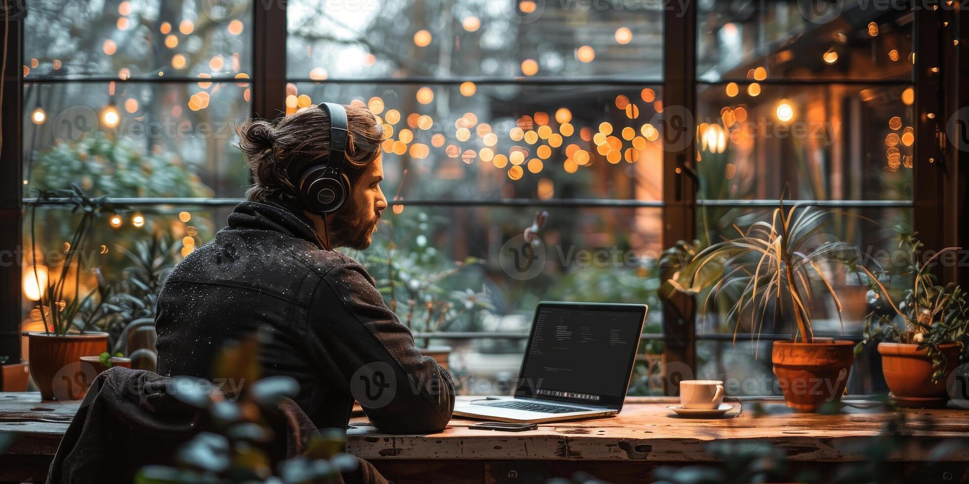 A man uses a laptop while sitting at a table with headphones photo