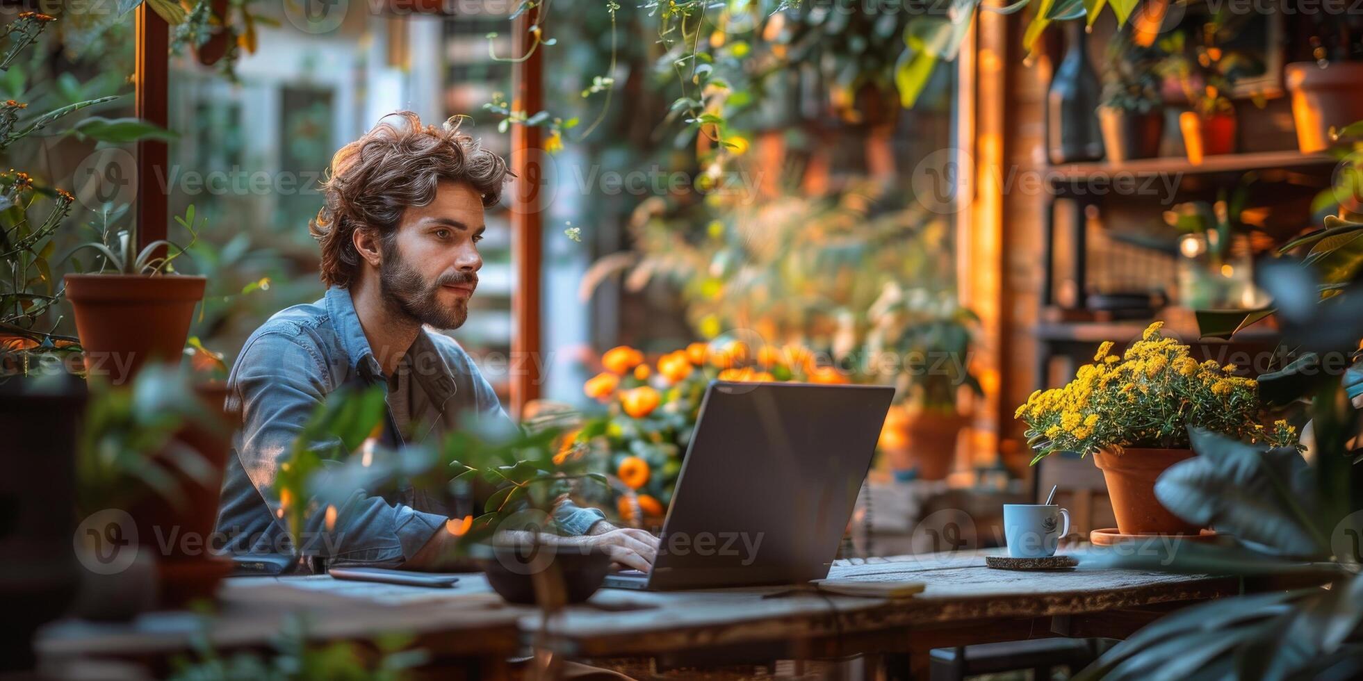 A man is sitting at a table, working on a laptop computer photo