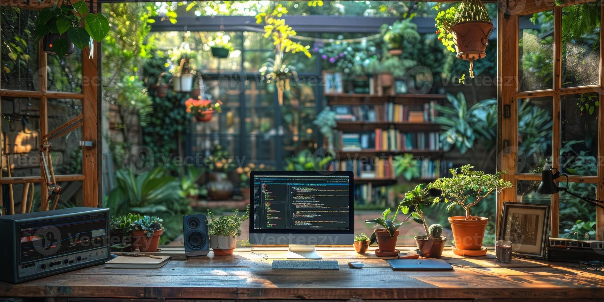 Computer in greenhouse on desk surrounded by plants, blending tech with nature photo