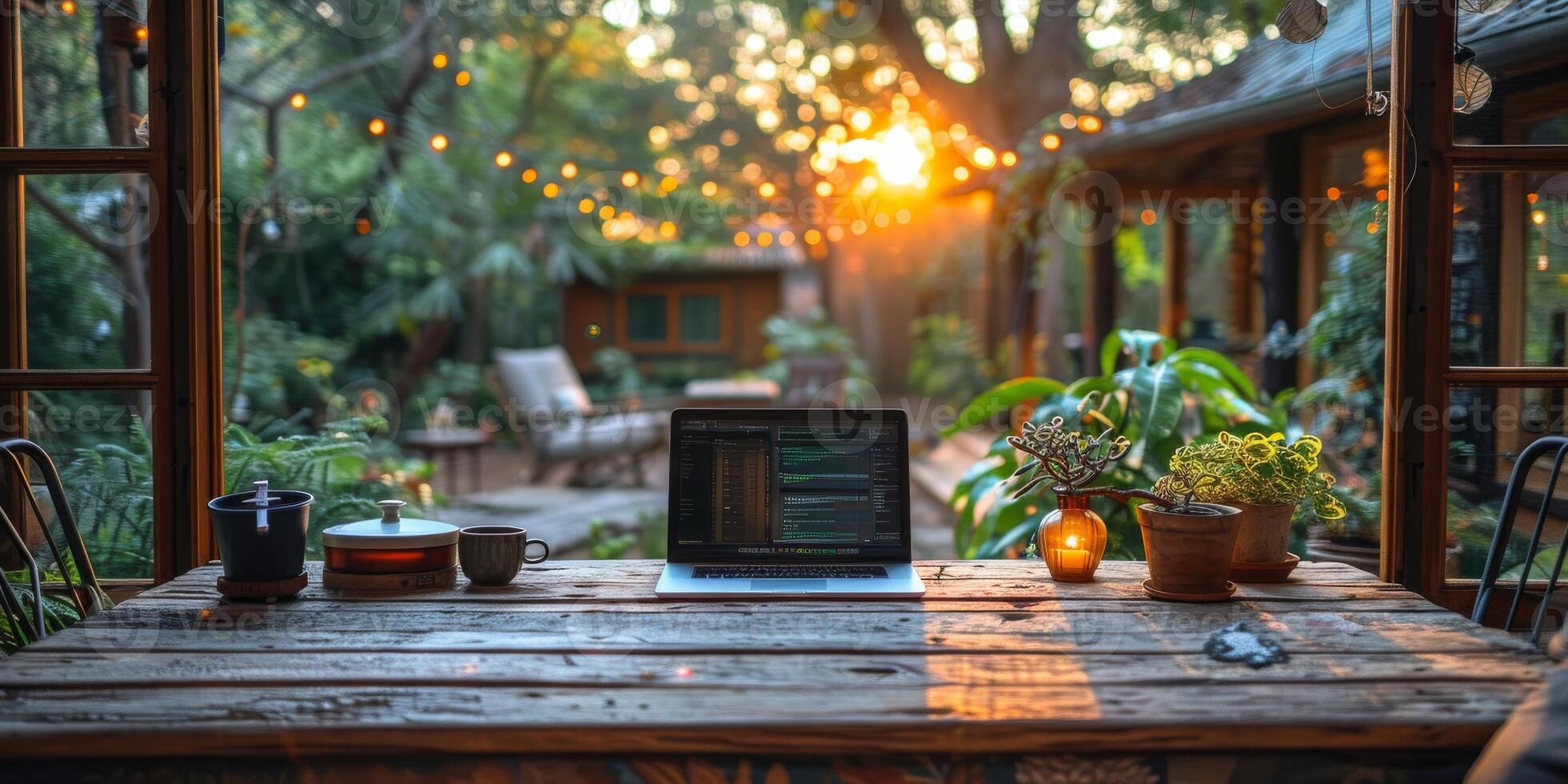 A laptop positioned on a wooden table, placed in front of a window with a view photo