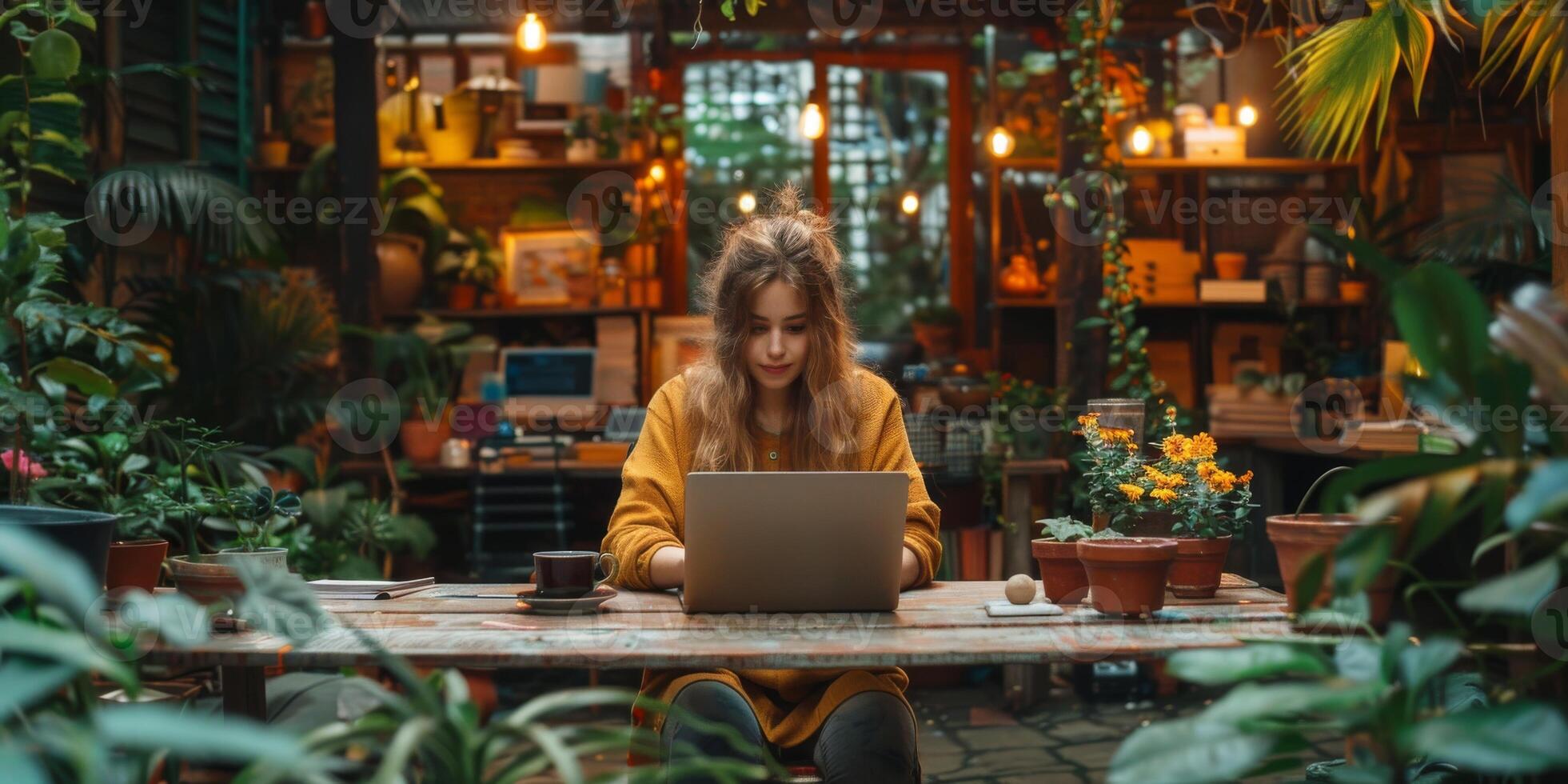 A woman is sitting at a table using a laptop computer for leisure photo
