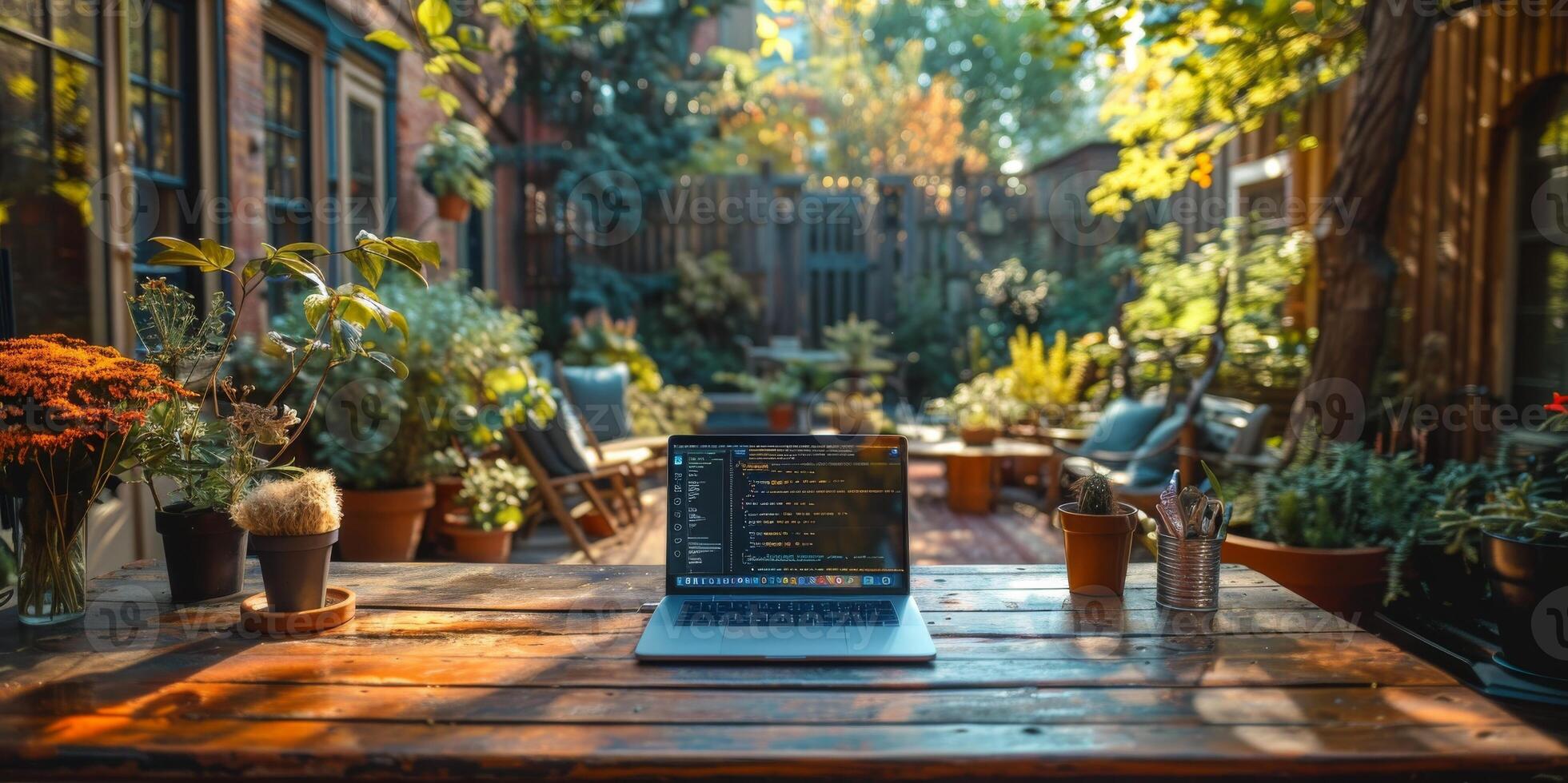 A laptop computer is placed on a wooden table in a garden surrounded by nature photo
