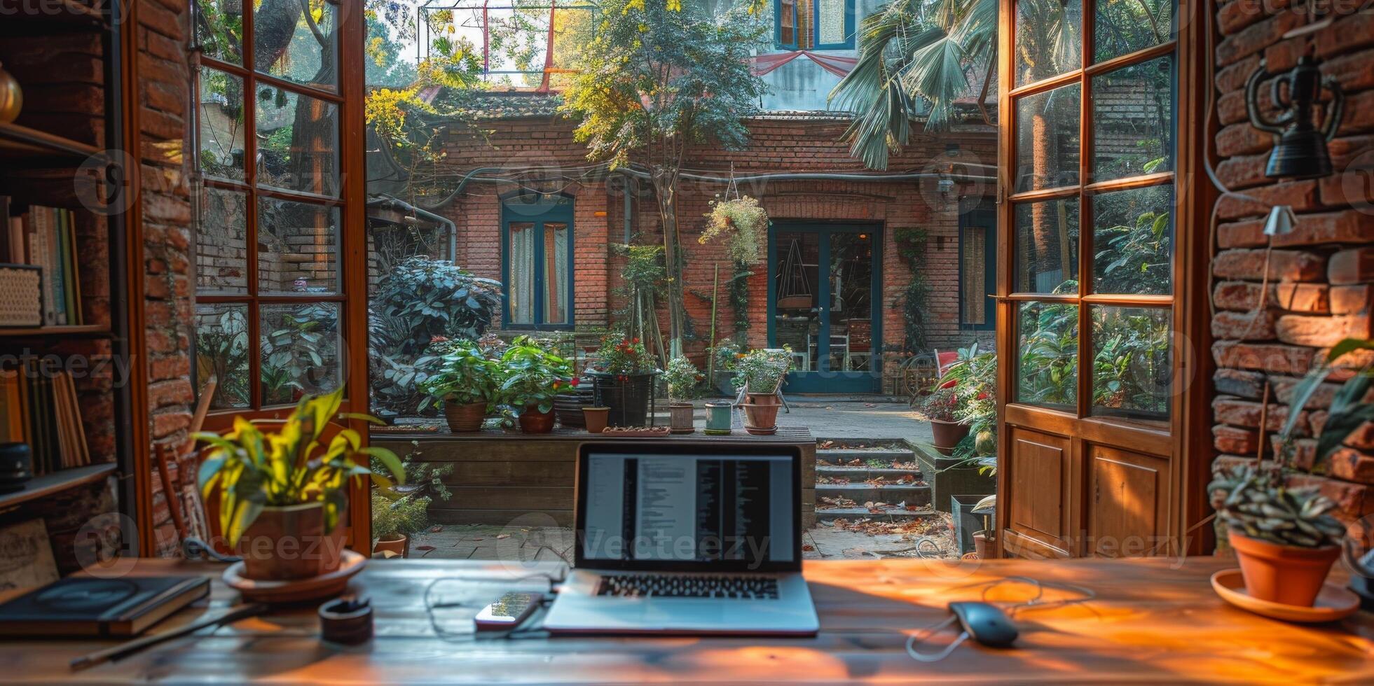 A laptop computer on a wooden desk in front of a window photo