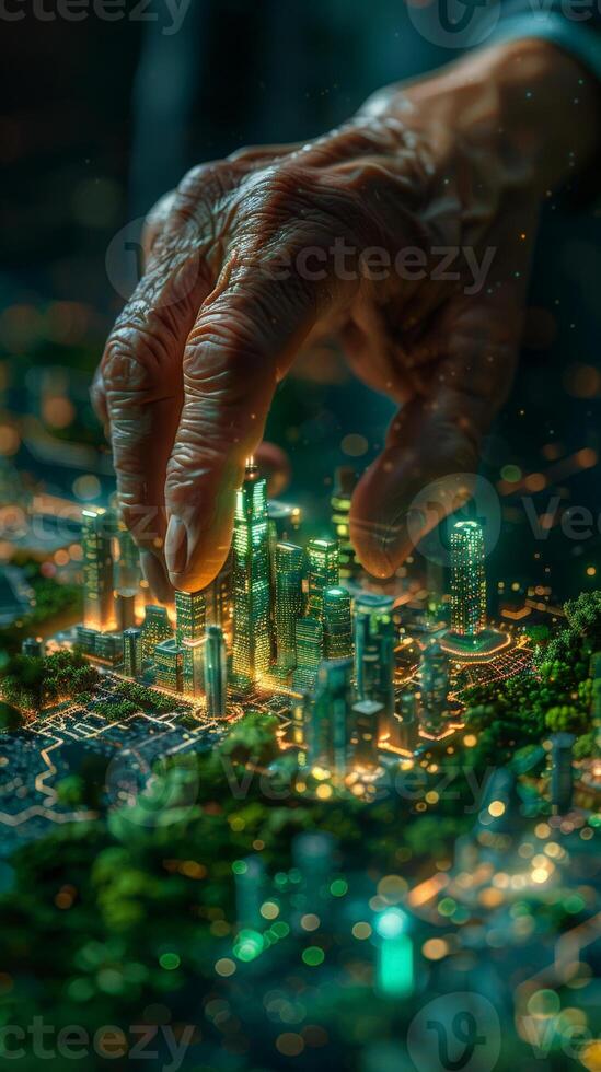 A persons hand is extended towards a miniature city model photo