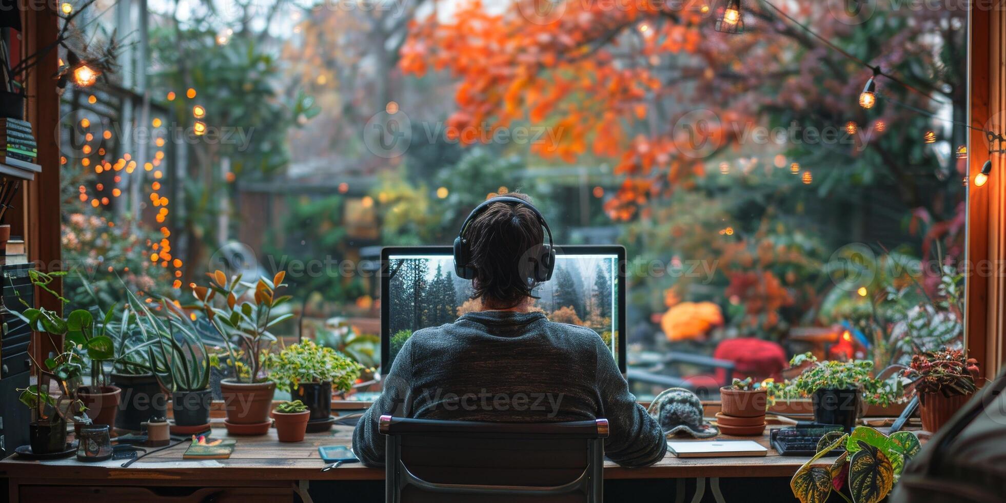 Man in headphones sits at desk in front of computer photo