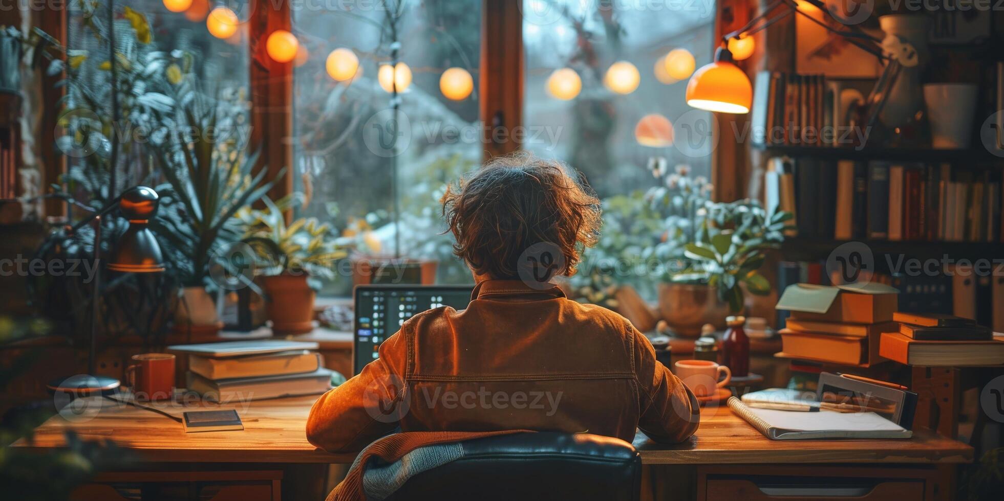 A man is working at a desk with a laptop in a furnished room with a window photo