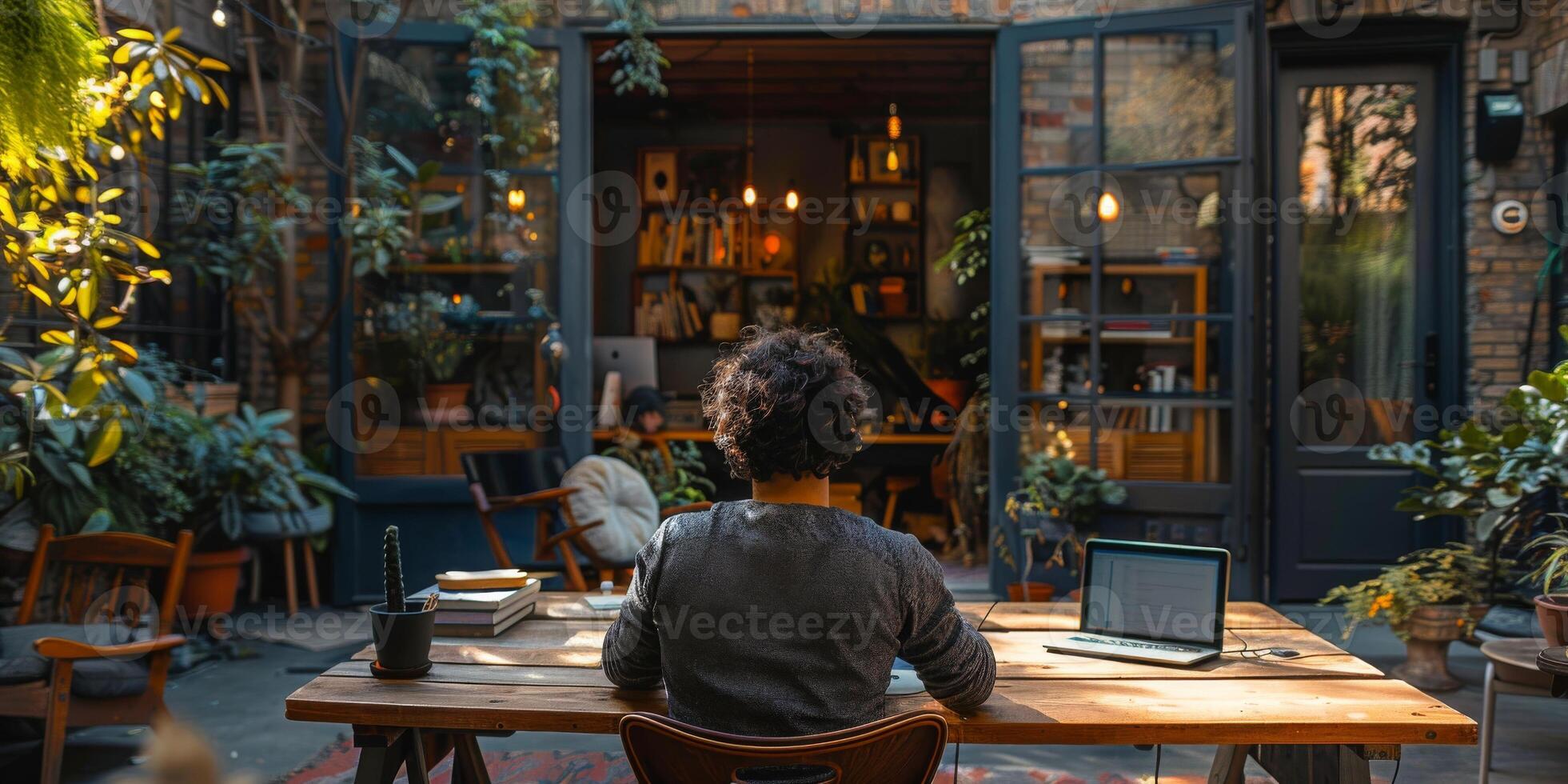 A woman is sitting at a table indoors with a laptop in front of her photo