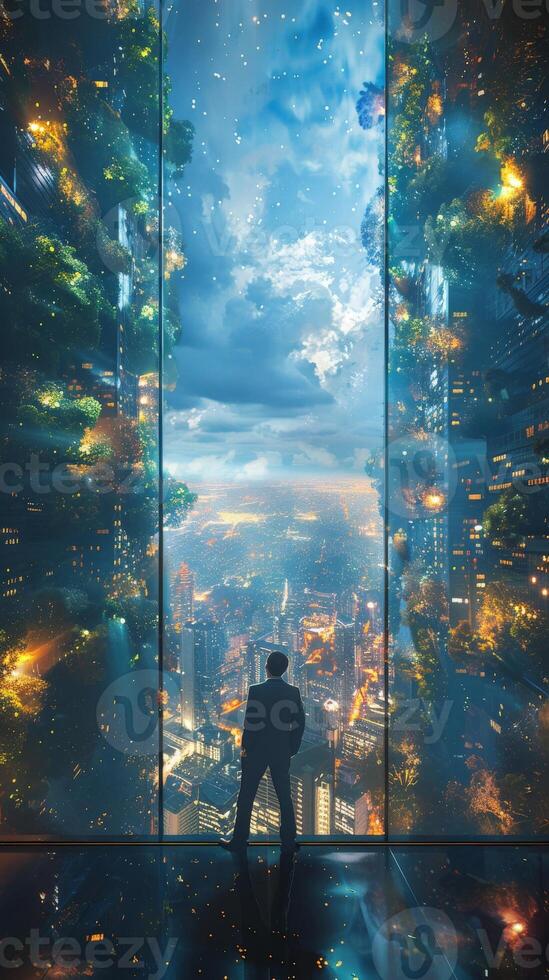 A man looks out over a city at night through a window photo