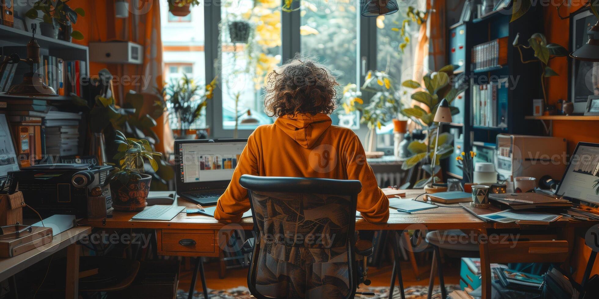 A person at desk, using laptop in room with window and houseplant photo