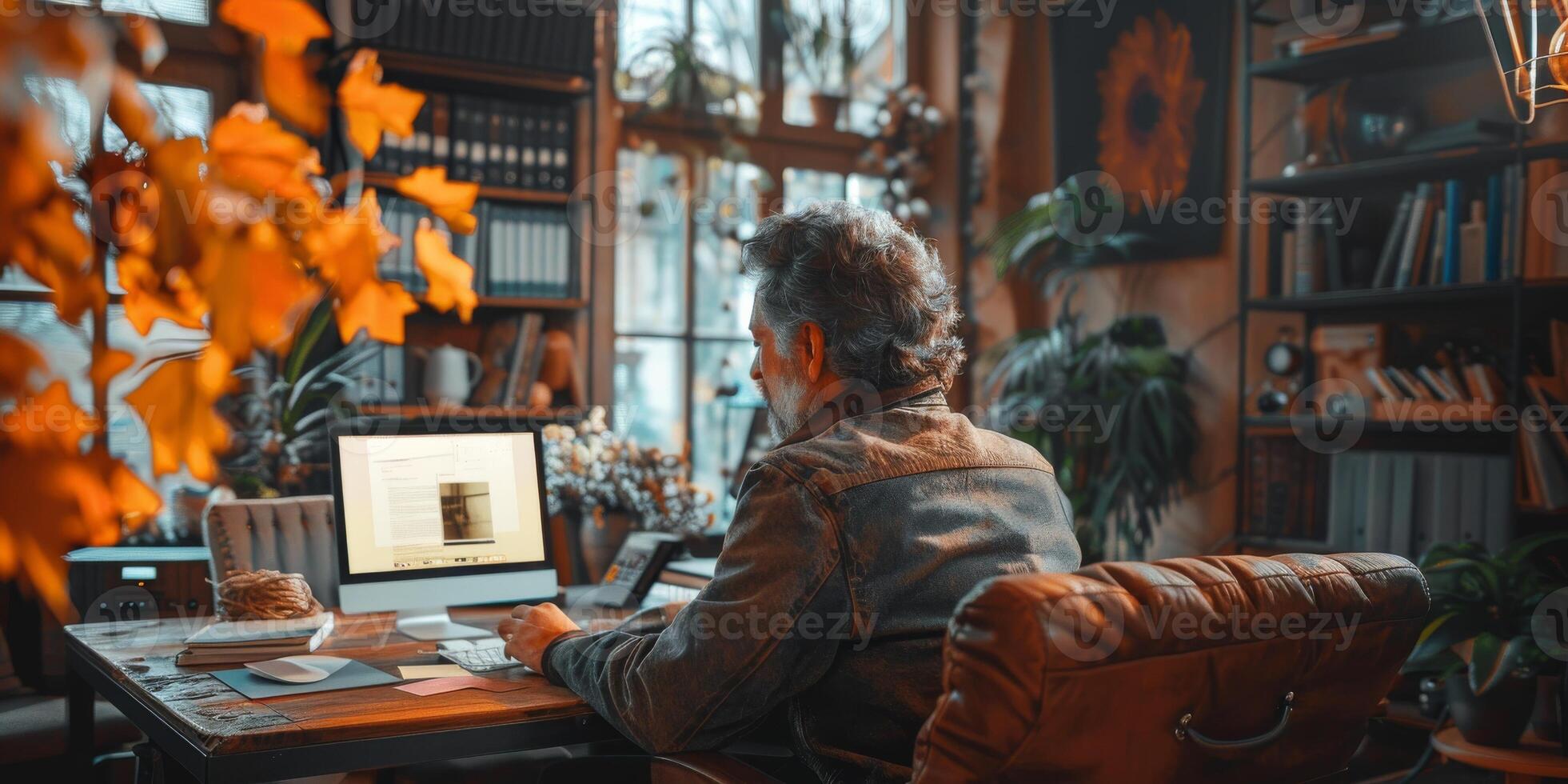 In a living room, a man is seated at a desk in front of a laptop computer photo