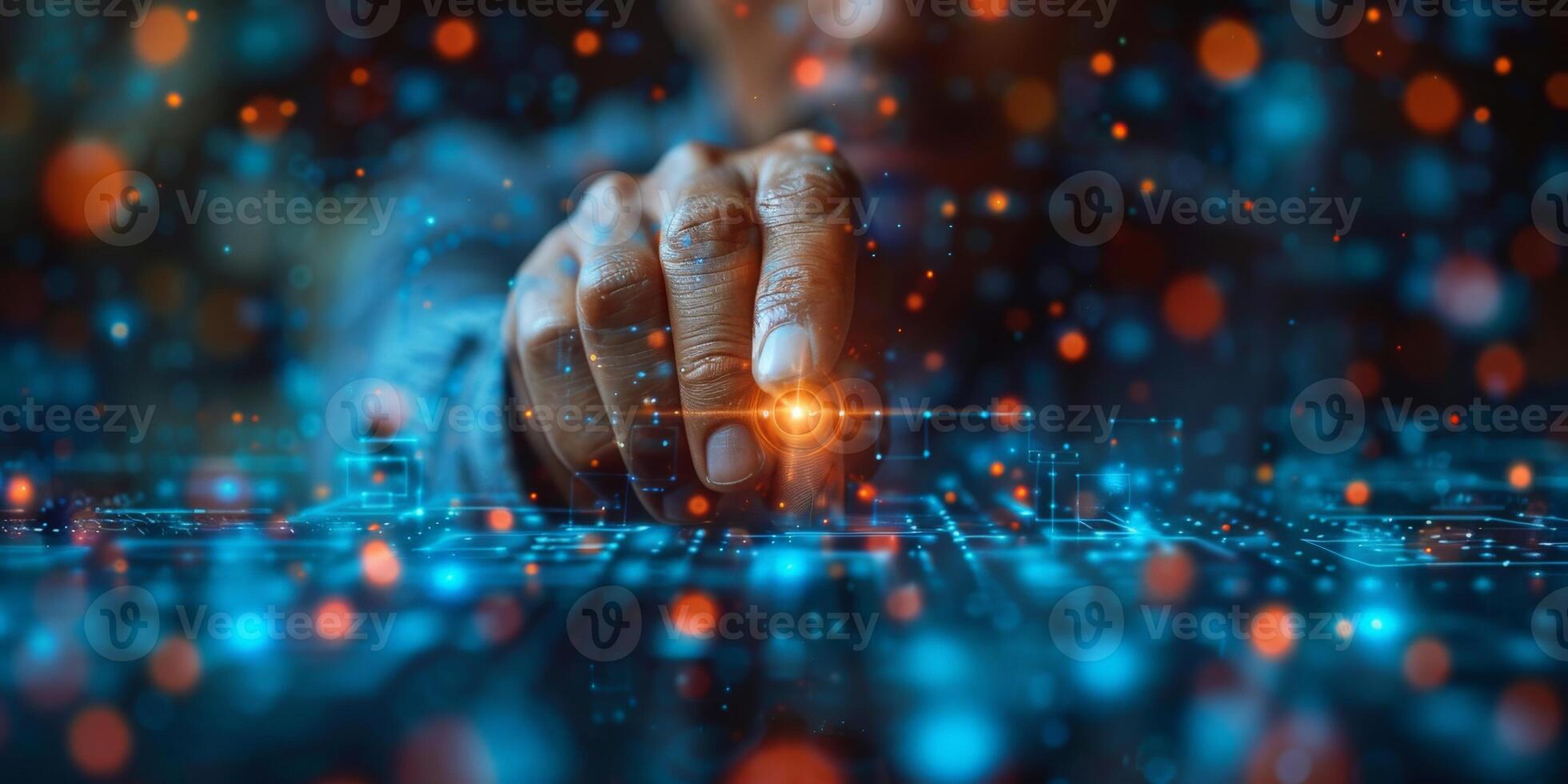 A persons hand pressing a button on a computer screen photo