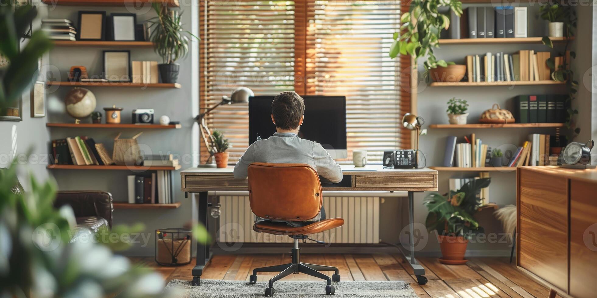 A man is sitting at a desk in front of a computer in a home office photo
